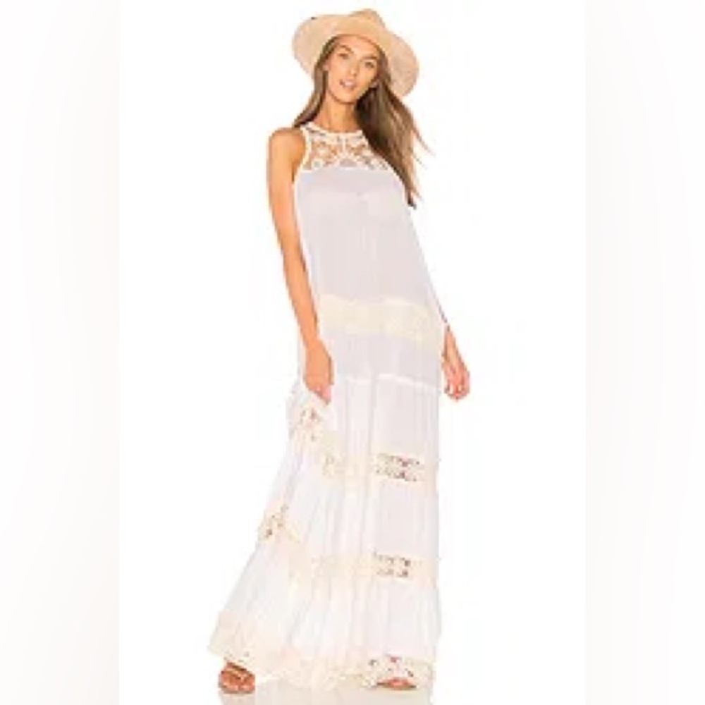 Anthropologie Raga Coastal Breeze Crochet Boho Maxi Dress in Cream Size Large
